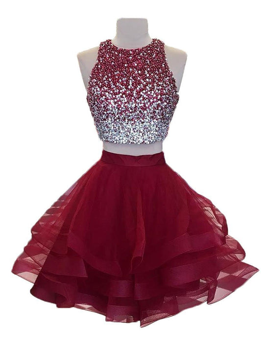 Jewel Sleeveless Rhinestone Organza A Line Reagan Two Pieces Homecoming Dresses Ruffles Backless