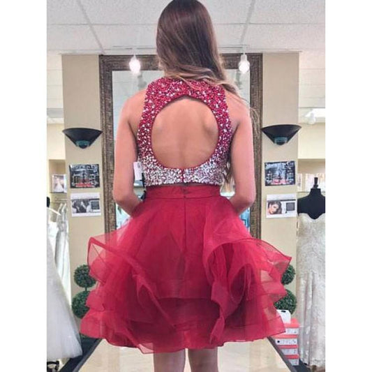 Jewel Sleeveless Rhinestone Organza A Line Reagan Two Pieces Homecoming Dresses Ruffles Backless