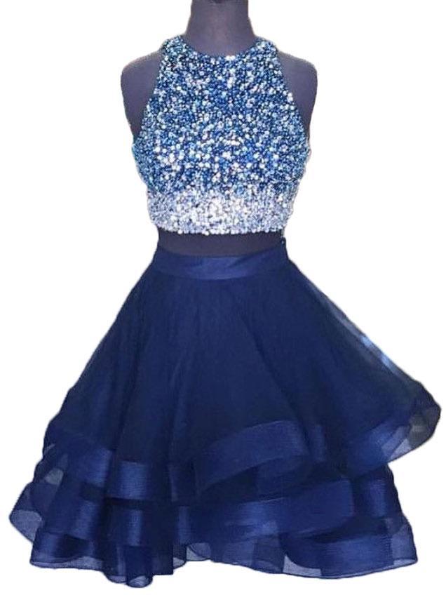 Jewel Sleeveless Rhinestone Organza A Line Reagan Two Pieces Homecoming Dresses Ruffles Backless