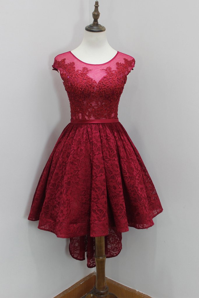 A Line Lace Ansley Homecoming Dresses Cap Sleeve Scoop Sheer Pleated Burgundy High Low Flowers