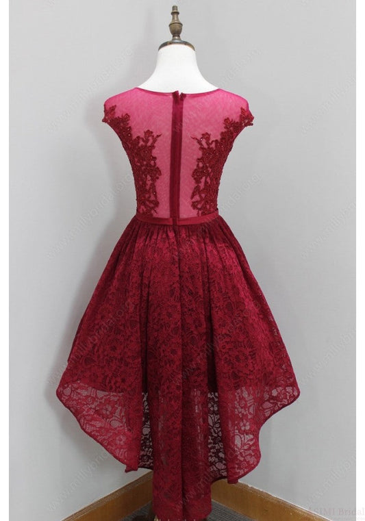 A Line Lace Ansley Homecoming Dresses Cap Sleeve Scoop Sheer Pleated Burgundy High Low Flowers