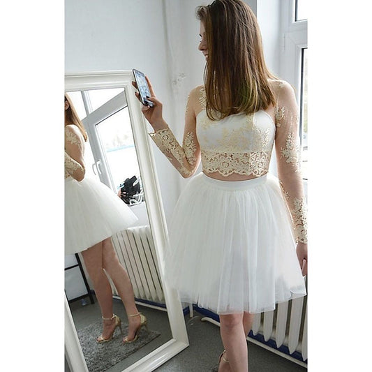 Long Sleeve White Jewel Appliques Tulle Cut Out Sheer Anne Homecoming Dresses Lace Ball Gown