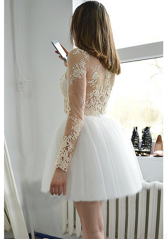 Long Sleeve White Jewel Appliques Tulle Cut Out Sheer Anne Homecoming Dresses Lace Ball Gown