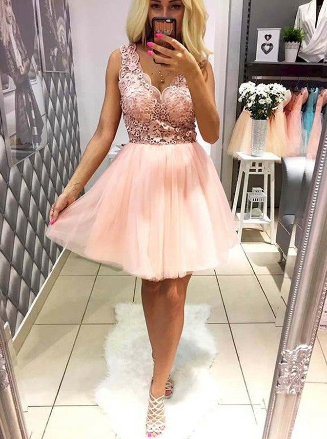 A Line Lace Kailyn Homecoming Dresses Sleeveless Peach Deep V Neck Appliques Flowers Tulle Pleated