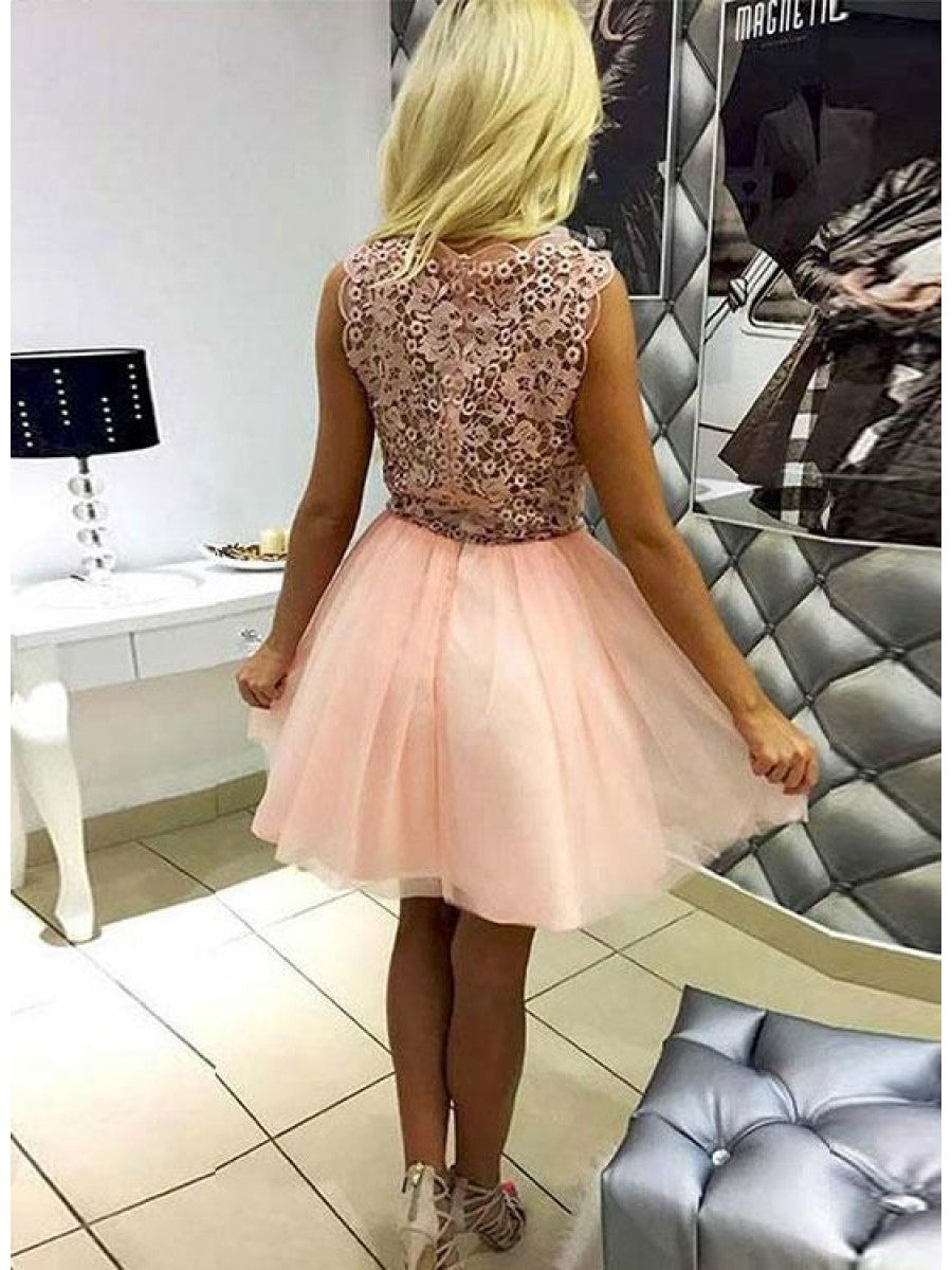 A Line Lace Kailyn Homecoming Dresses Sleeveless Peach Deep V Neck Appliques Flowers Tulle Pleated