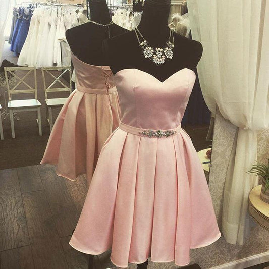 Strapless Satin Pink A Line Karsyn Homecoming Dresses Lace Sweetheart Backless Pleated Rhinestone Up