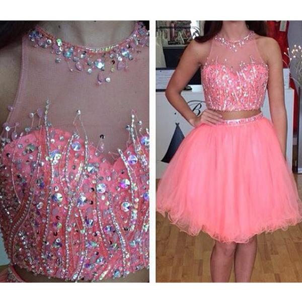 Two Pieces Kimora Homecoming Dresses Jewel Sleeveless Sheer Rhinestone Ball Gown Organza