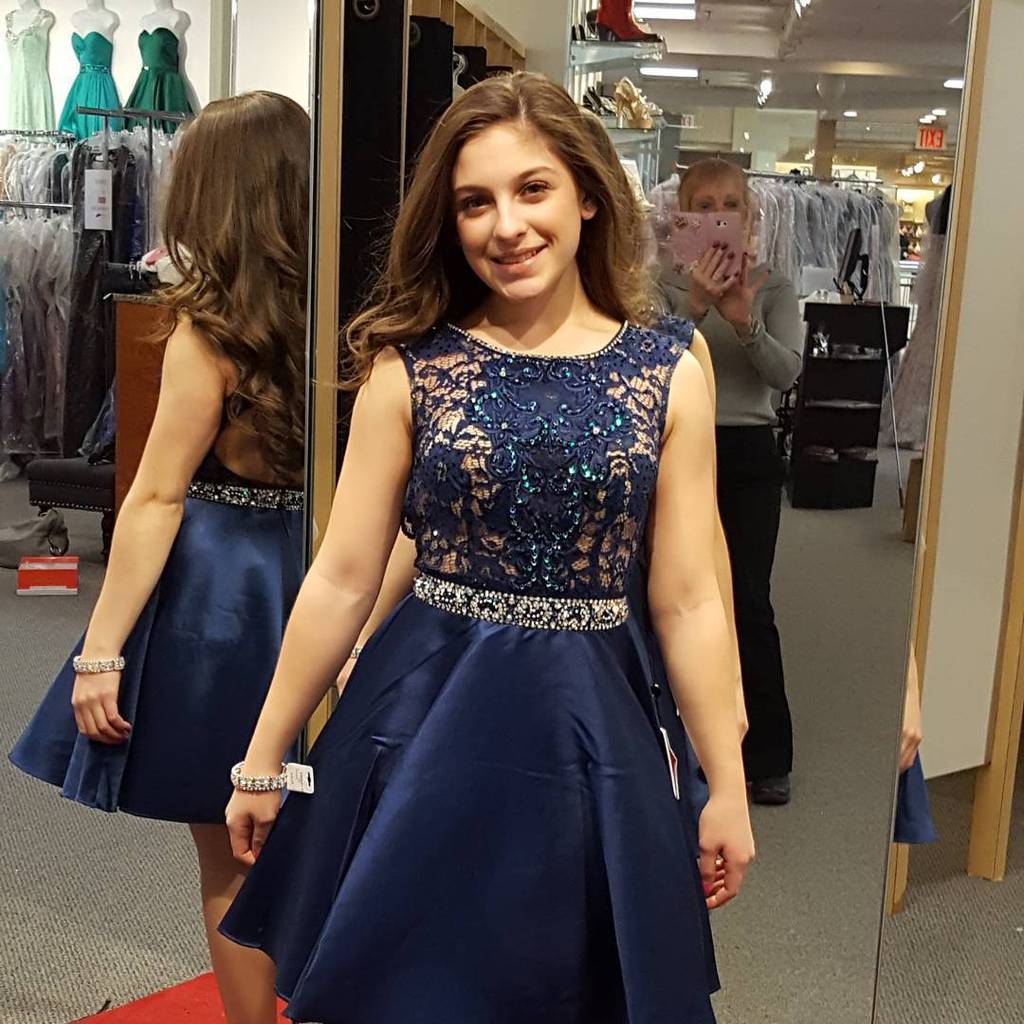 Scoop Sleeveless Camryn Homecoming Dresses Lace Satin A Line Rhinestone Backless Dark Navy