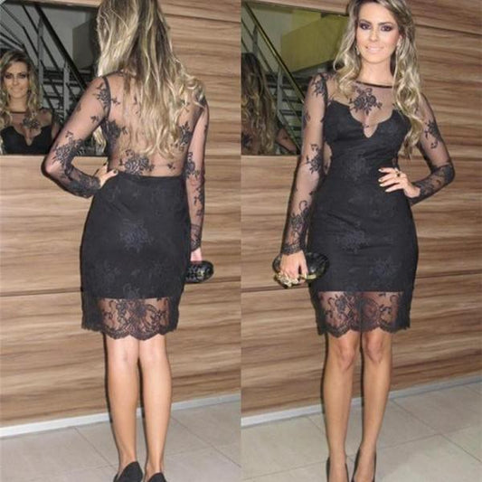 Sexy Black Long Sleeve Sheath Sheer Back Flowers See Lace Maia Homecoming Dresses Through