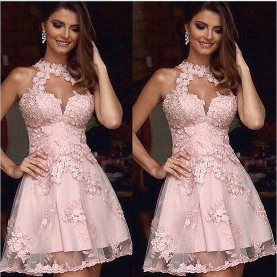 Halter Sleeveless Cut A Line Pink Lace Homecoming Dresses Gill Out Appliques Flowers Pleated