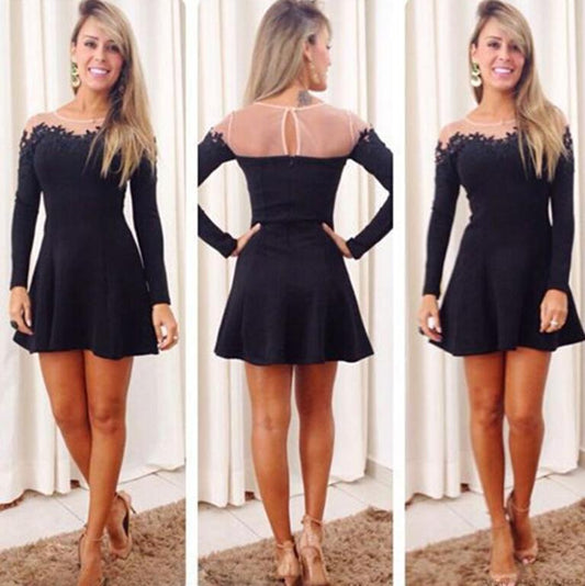 Scoop Long Sleeve Sheer Homecoming Dresses Riya Satin A Line Black Pleated Short Cut Out Appliques