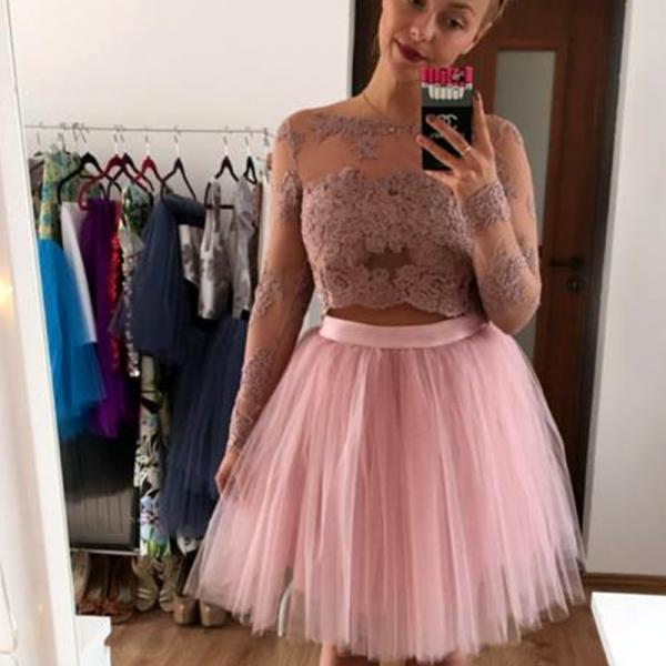 Bateau Homecoming Dresses Lace Paityn A Line Pink Two Pieces Long Sleeve Appliques Tulle Pleated