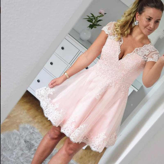 Cap Sleeve Deep V Neck Lace Taryn Homecoming Dresses Pink A Line Sheer Pleated