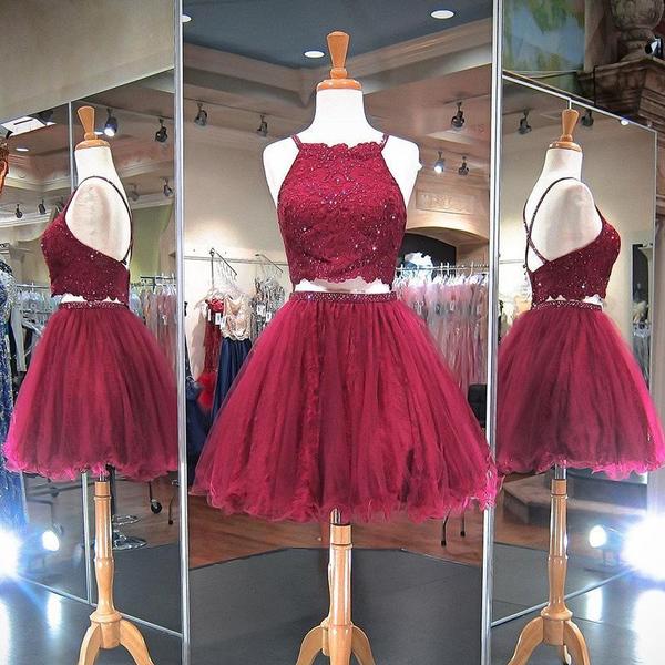 Burgundy Beading A Line Aniyah Homecoming Dresses Two Pieces Halter Criss Cross Backless Organza