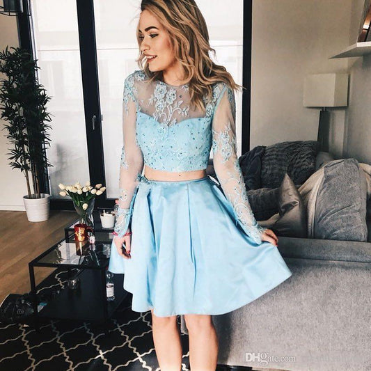 Long Lace A Line Violet Homecoming Dresses Two Pieces Satin Sleeve Jewel Appliques Sheer Light Blue