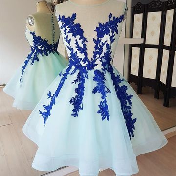 Blue Scoop Sleeveless Sheer A Line Khloe Lace Homecoming Dresses Back Appliques Tulle