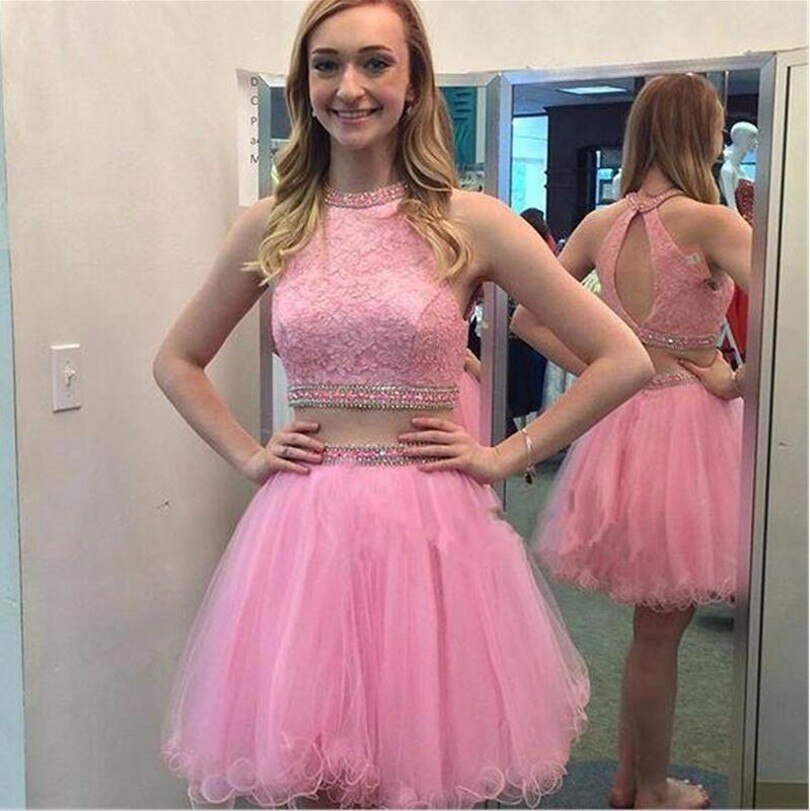 Sleeveless Halter Appliques A Line Two Pieces Kayley Homecoming Dresses Pink Organza Backless