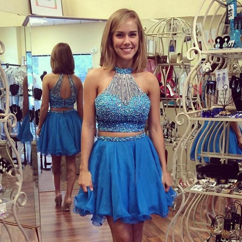 Backless Halter Sleeveless Beading Homecoming Dresses Athena Two Pieces A Line Organza Blue