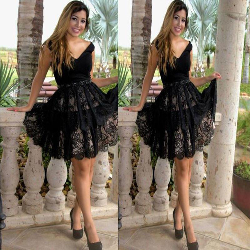 Black A Line Nicky Homecoming Dresses Lace Off Shoulder V Neck Flowers Elegant Sexy