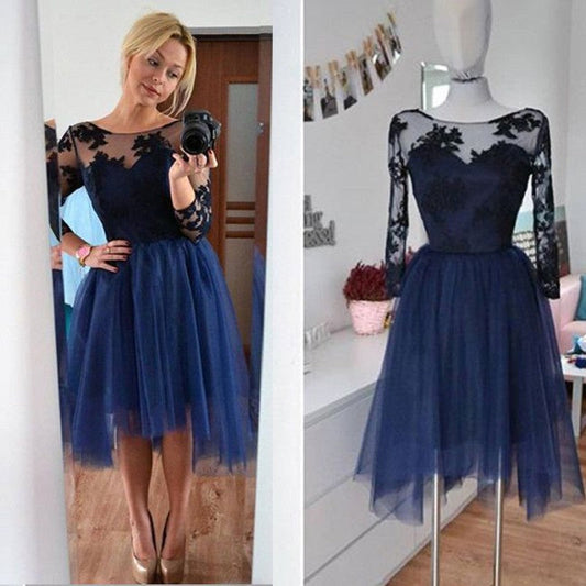 Long Sleeve A Line Homecoming Dresses Melanie Scoop Appliques Sheer Pleated Tulle Flowers