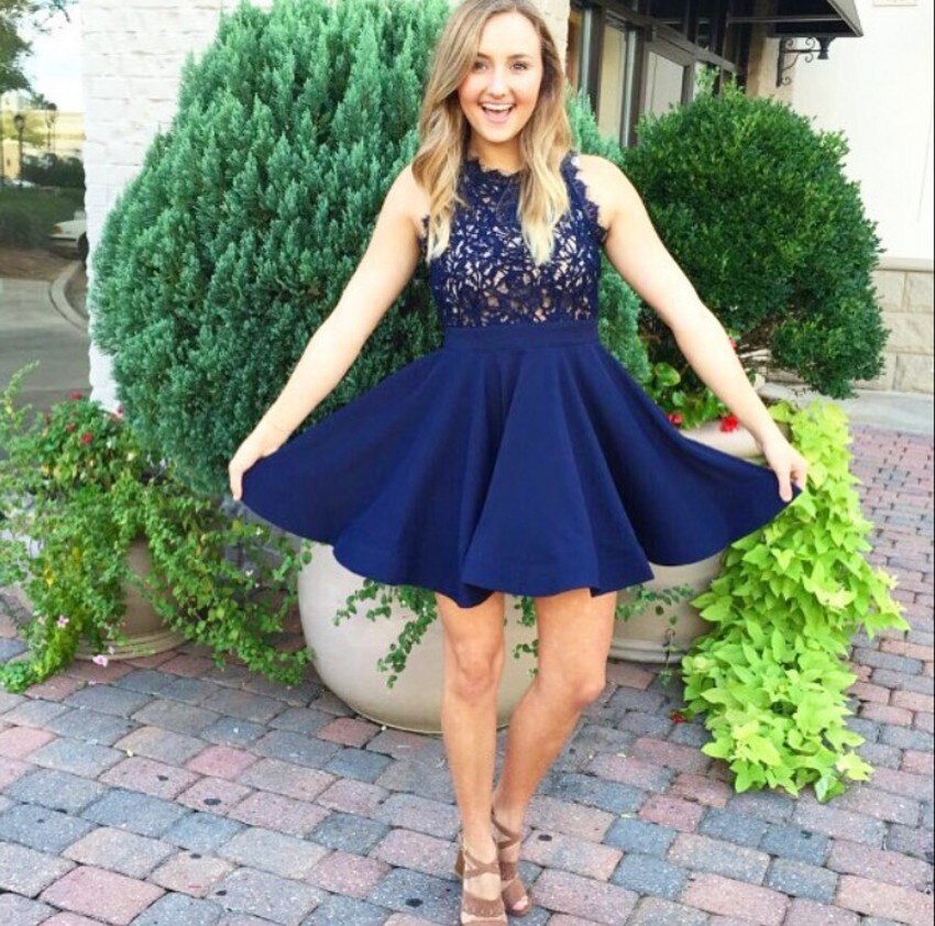 Dark Navy Appliques Sleeveless Halter Lace Satin A Line Homecoming Dresses Germaine Pleated