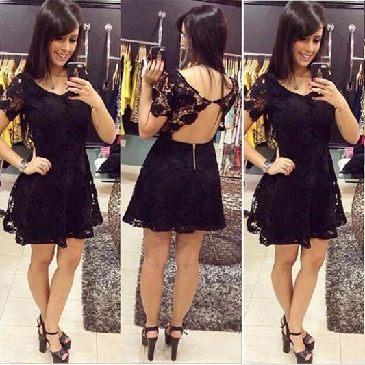 Backless Scoop Black A Line Homecoming Dresses Lace Alice Short Sleeve Sexy Flowers Pleated