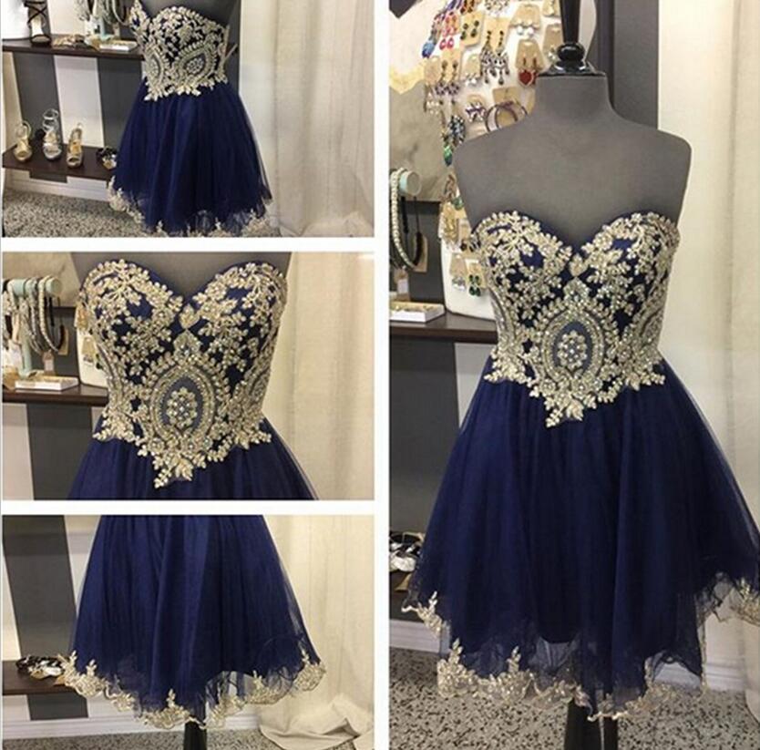 Strapless Sweetheart Dark Navy Lace A Line Alice Homecoming Dresses Tulle Appliques Exquisite