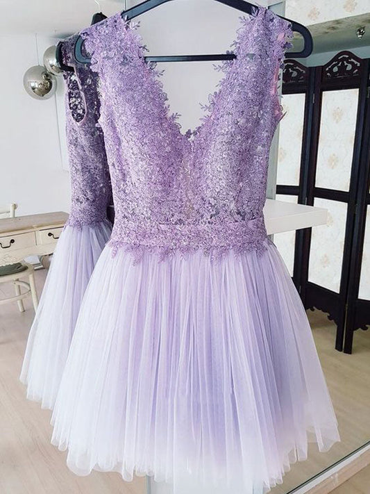 Deep V Neck Lavender Tulle Lace Hana Homecoming Dresses A Line Pleated Sleeveless Backless