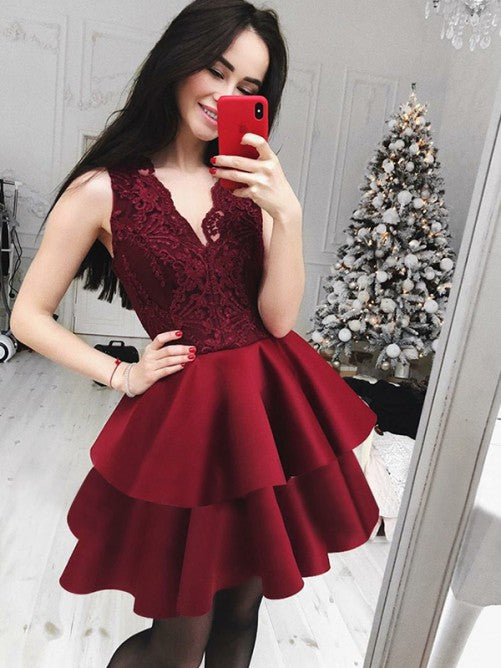 Deep V Phyllis Lace A Line Homecoming Dresses Neck Sleeveless Tiered Pleated Burgundy Appliques