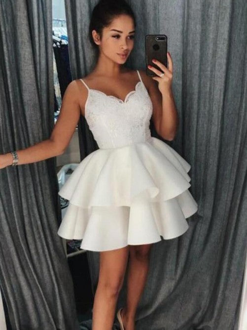 Yazmin Lace Homecoming Dresses Satin Ivory Ball Gown Tiered Pleated V Neck Spaghetti Straps Short