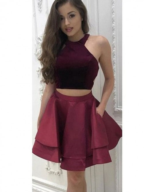 Halter Sleeveless Two Pieces Addyson Homecoming Dresses A Line Satin Burgundy Pleated Tiered Short