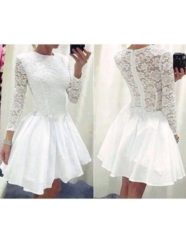 Long Homecoming Dresses Satin A Line Mandy Lace Sleeve Jewel White Pleated Appliques