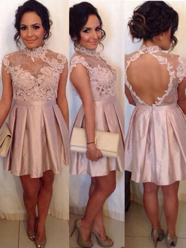 Appliques Sheer High Neck Lace Homecoming Dresses Satin Leilani Backless Cap Sleeve Dusty Rose