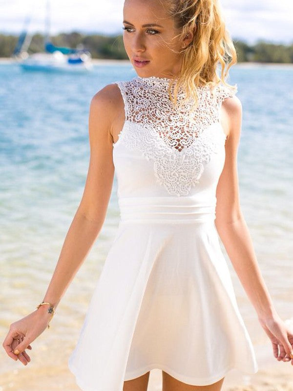 Sleeveless Jewel Short Hollow A Line Lace Homecoming Dresses Ivory Ivy Satin Flowers