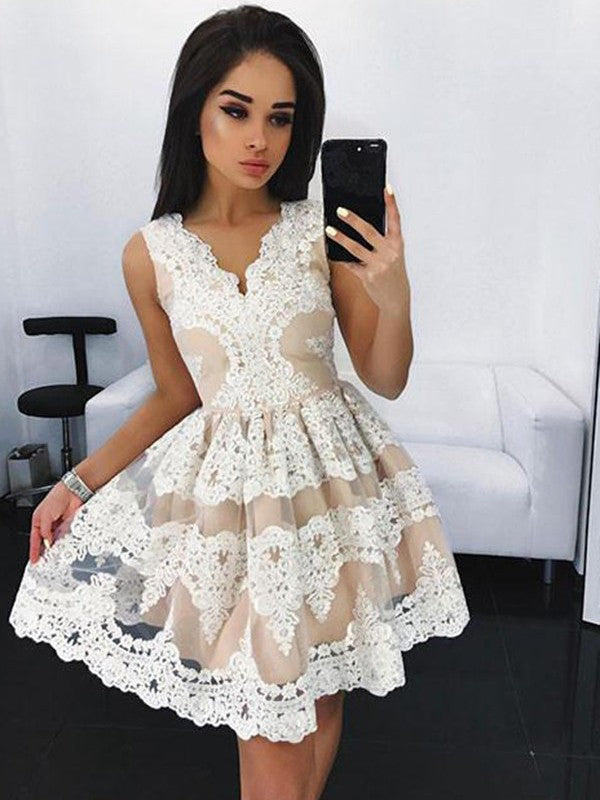 Arabella Ivory Lace A Line Homecoming Dresses Sleeveless V Neck Flowers Appliques Pleated