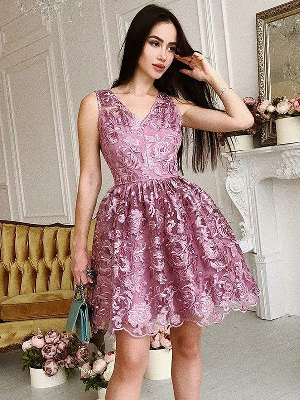 V Neck Sleeveless Kaylah Pink Homecoming Dresses Lace Ball Gown Appliques Flowers