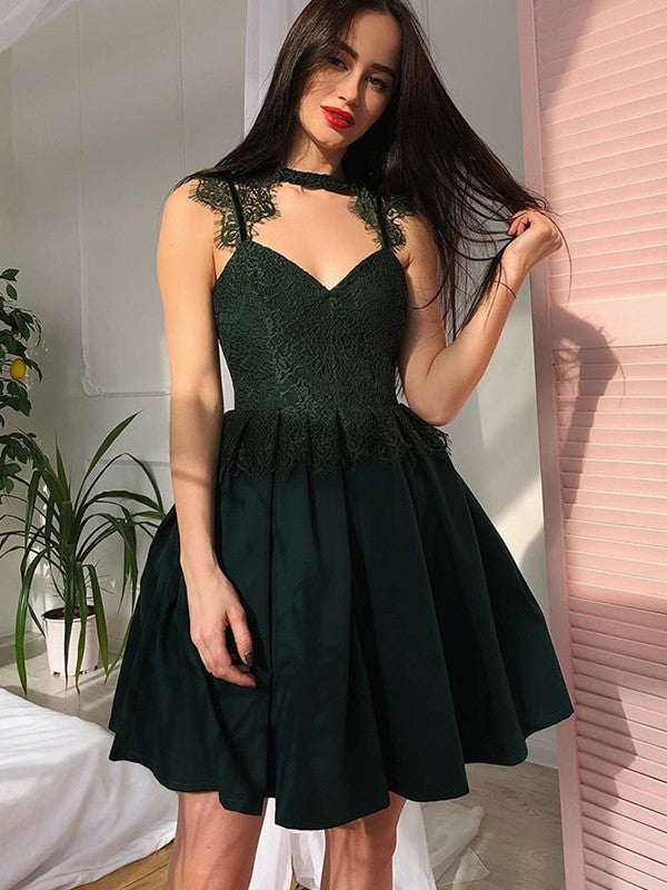 Sleeveless Pleated V Neck A Line Satin Homecoming Dresses Kayden Lace Appliques Dark Green