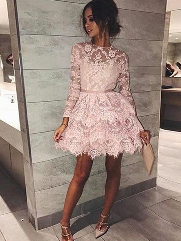 Long Sleeve Jewel A Line Lace Homecoming Dresses Tatiana Pink Tiered Short Flowers Sheer