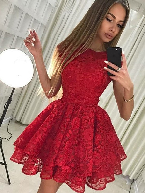 Red Pleated Appliques A Line Renata Homecoming Dresses Lace Flowers Pleated Tulle Cap Sleeve