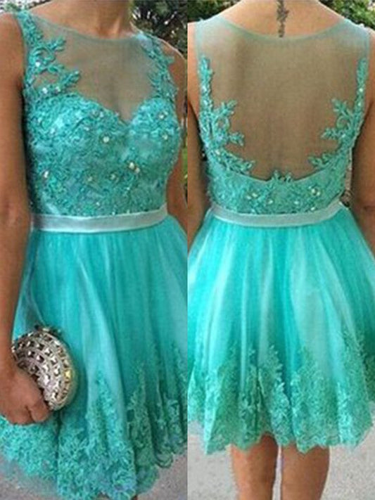 Turquoise Sheer Sleeveless Jewel Pleated Short Lace Homecoming Dresses Ariana Appliques