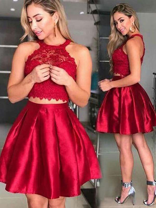 Homecoming Dresses Lace Two Pieces A Line Tanya Satin Sleeveless Halter Pleated Short Red