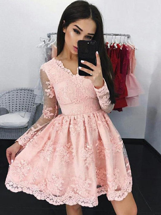 Long A Line Isabelle Lace Homecoming Dresses Pink Sleeve V Neck Appliques Sheer Flowers Short