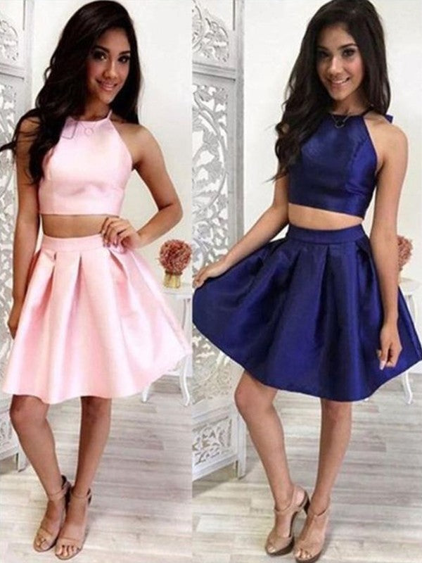 A Line Satin Two Pieces Melody Homecoming Dresses Halter Sleeveless Pleated Above Knee