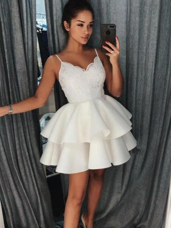 Spaghetti Straps Homecoming Dresses Ivory Lace Satin Libby V Neck Ball Gown Tiered Pleated