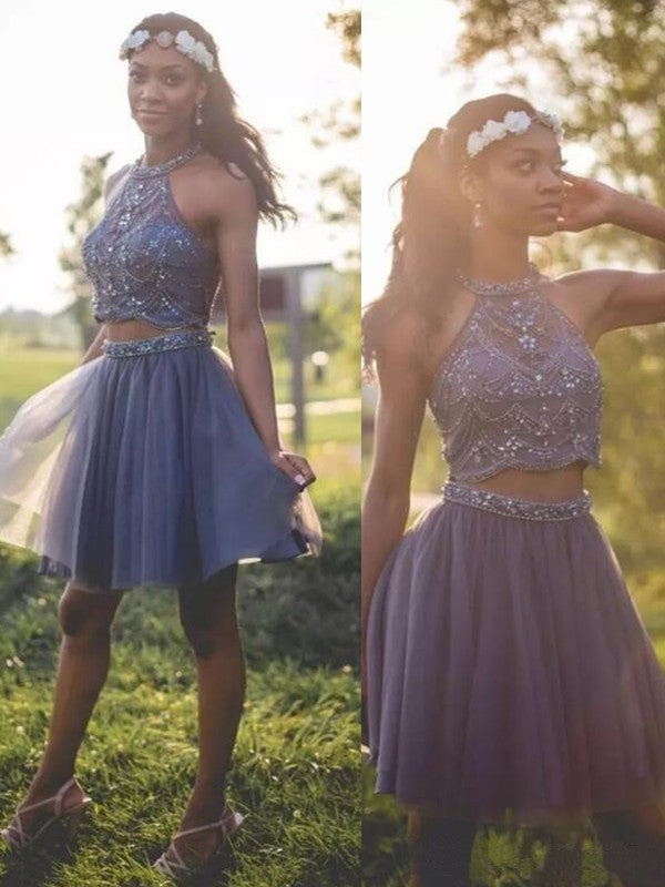 Homecoming Dresses A Line Two Pieces Dahlia Halter Sleeveless Pleated Tulle Beading Short