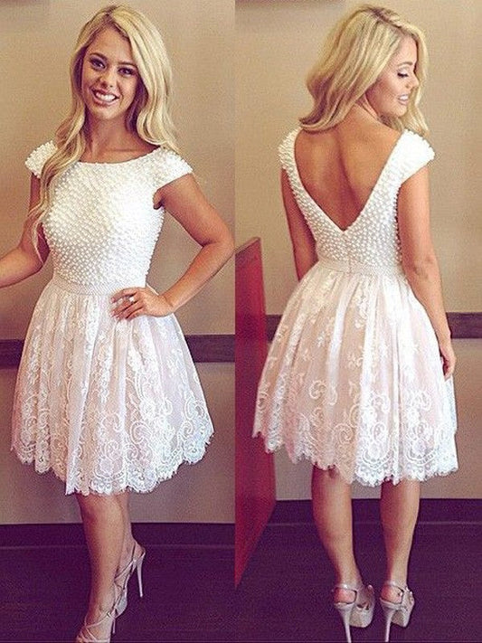 Scoop Cap Sleeve White Ball Gown Flowers Backless Ella Lace Homecoming Dresses Beading