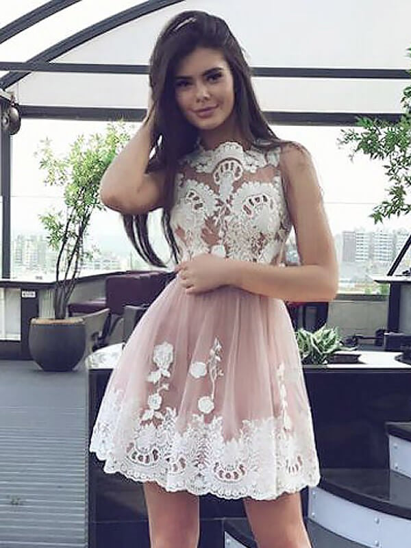 Sleeveless Jewel Dusty Rose Appliques Kailey A Line Lace Homecoming Dresses Pleated Short