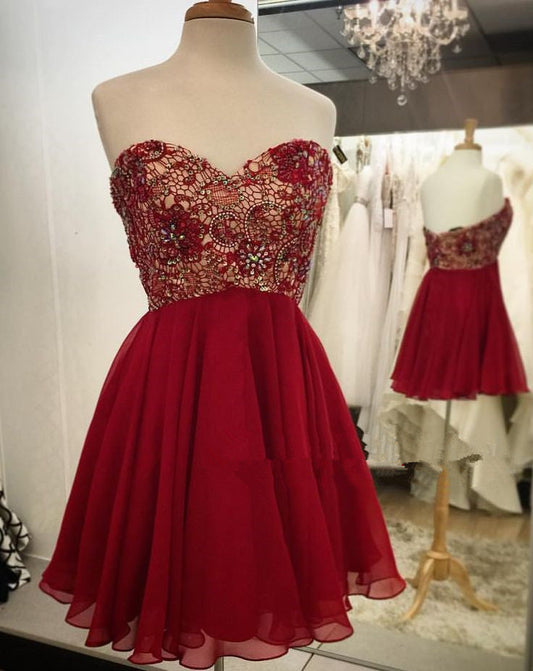 Backless Strapless Sweetheart Red Pleated Homecoming Dresses Lace A Line Sara Chiffon Beading