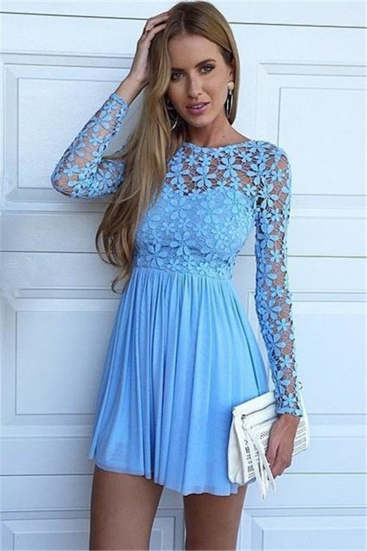 Jewel Lace Alyvia Chiffon A Line Homecoming Dresses Long Sleeve Blue Hollow Flowers Pleated