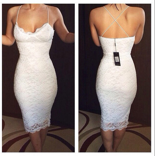 Spaghetti Straps White Piper Lace Homecoming Dresses V Neck Criss Cross Backless Flowers Sheath